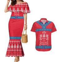 Mongolia Couples Matching Mermaid Dress and Hawaiian Shirt with Soyombo Dragon Sun Red Blue Tradition Spirit