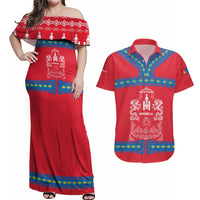 Mongolia Couples Matching Off Shoulder Maxi Dress and Hawaiian Shirt with Soyombo Dragon Sun Red Blue Tradition Spirit