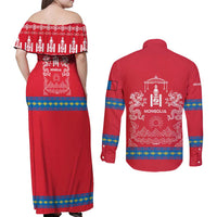 Mongolia Couples Matching Off Shoulder Maxi Dress and Long Sleeve Button Shirt with Soyombo Dragon Sun Red Blue Tradition Spirit