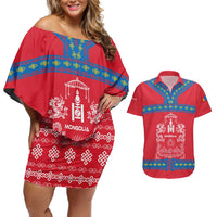 Mongolia Couples Matching Off Shoulder Short Dress and Hawaiian Shirt with Soyombo Dragon Sun Red Blue Tradition Spirit