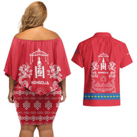 Mongolia Couples Matching Off Shoulder Short Dress and Hawaiian Shirt with Soyombo Dragon Sun Red Blue Tradition Spirit
