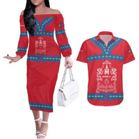 Mongolia Couples Matching Off The Shoulder Long Sleeve Dress and Hawaiian Shirt with Soyombo Dragon Sun Red Blue Tradition Spirit