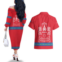 Mongolia Couples Matching Off The Shoulder Long Sleeve Dress and Hawaiian Shirt with Soyombo Dragon Sun Red Blue Tradition Spirit