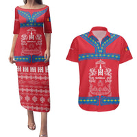 Mongolia Couples Matching Puletasi and Hawaiian Shirt with Soyombo Dragon Sun Red Blue Tradition Spirit