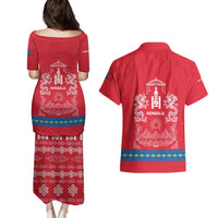 Mongolia Couples Matching Puletasi and Hawaiian Shirt with Soyombo Dragon Sun Red Blue Tradition Spirit