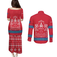 Mongolia Couples Matching Puletasi and Long Sleeve Button Shirt with Soyombo Dragon Sun Red Blue Tradition Spirit