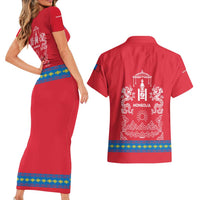 Mongolia Couples Matching Short Sleeve Bodycon Dress and Hawaiian Shirt with Soyombo Dragon Sun Red Blue Tradition Spirit