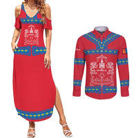 Mongolia Couples Matching Summer Maxi Dress and Long Sleeve Button Shirt with Soyombo Dragon Sun Red Blue Tradition Spirit