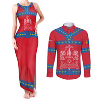 Mongolia Couples Matching Tank Maxi Dress and Long Sleeve Button Shirt with Soyombo Dragon Sun Red Blue Tradition Spirit