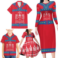 Mongolia Family Matching Long Sleeve Bodycon Dress and Hawaiian Shirt with Soyombo Dragon Sun Red Blue Tradition Spirit