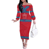 Mongolia Family Matching Off The Shoulder Long Sleeve Dress and Hawaiian Shirt with Soyombo Dragon Sun Red Blue Tradition Spirit