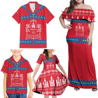 Mongolia Family Matching Off Shoulder Maxi Dress and Hawaiian Shirt with Soyombo Dragon Sun Red Blue Tradition Spirit