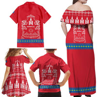 Mongolia Family Matching Off Shoulder Maxi Dress and Hawaiian Shirt with Soyombo Dragon Sun Red Blue Tradition Spirit