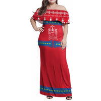 Mongolia Family Matching Off Shoulder Maxi Dress and Hawaiian Shirt with Soyombo Dragon Sun Red Blue Tradition Spirit