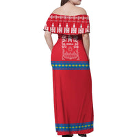 Mongolia Family Matching Off Shoulder Maxi Dress and Hawaiian Shirt with Soyombo Dragon Sun Red Blue Tradition Spirit