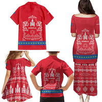 Mongolia Family Matching Puletasi and Hawaiian Shirt with Soyombo Dragon Sun Red Blue Tradition Spirit