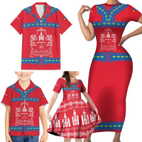 Mongolia Family Matching Short Sleeve Bodycon Dress and Hawaiian Shirt with Soyombo Dragon Sun Red Blue Tradition Spirit