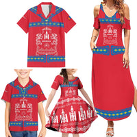 Mongolia Family Matching Summer Maxi Dress and Hawaiian Shirt with Soyombo Dragon Sun Red Blue Tradition Spirit
