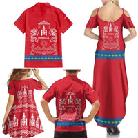 Mongolia Family Matching Summer Maxi Dress and Hawaiian Shirt with Soyombo Dragon Sun Red Blue Tradition Spirit