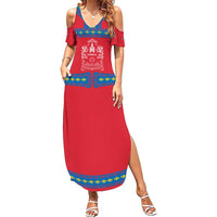 Mongolia Family Matching Summer Maxi Dress and Hawaiian Shirt with Soyombo Dragon Sun Red Blue Tradition Spirit
