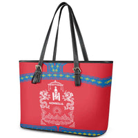 Mongolia Leather Tote Bag with Soyombo Dragon Sun Red Blue Tradition Spirit