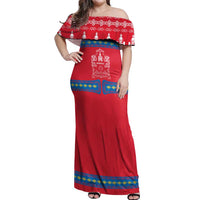 Mongolia Off Shoulder Maxi Dress with Soyombo Dragon Sun Red Blue Tradition Spirit