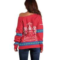 Mongolia Off Shoulder Sweater with Soyombo Dragon Sun Red Blue Tradition Spirit