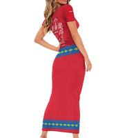 Mongolia Short Sleeve Bodycon Dress with Soyombo Dragon Sun Red Blue Tradition Spirit