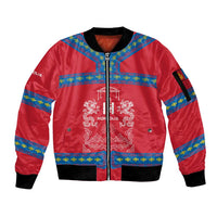 Mongolia Sleeve Zip Bomber Jacket with Soyombo Dragon Sun Red Blue Tradition Spirit