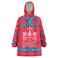 Mongolia Wearable Blanket Hoodie with Soyombo Dragon Sun Red Blue Tradition Spirit