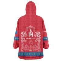 Mongolia Wearable Blanket Hoodie with Soyombo Dragon Sun Red Blue Tradition Spirit