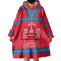 Mongolia Wearable Blanket Hoodie with Soyombo Dragon Sun Red Blue Tradition Spirit