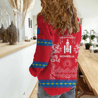 Mongolia Women Casual Shirt with Soyombo Dragon Sun Red Blue Tradition Spirit