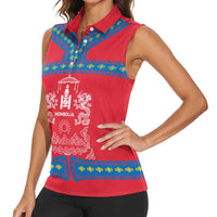 Mongolia Women Sleeveless Polo Shirt with Soyombo Dragon Sun Red Blue Tradition Spirit