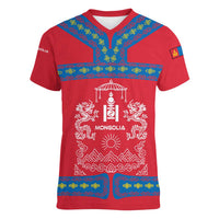 Mongolia Women V-Neck T-Shirt with Soyombo Dragon Sun Red Blue Tradition Spirit