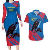 Mongolia Couples Matching Long Sleeve Bodycon Dress and Hawaiian Shirt with Eagle Strong Wild Free Red Blue Brush Spirit