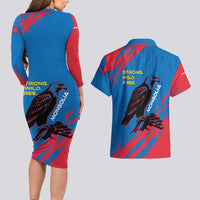 Mongolia Couples Matching Long Sleeve Bodycon Dress and Hawaiian Shirt with Eagle Strong Wild Free Red Blue Brush Spirit