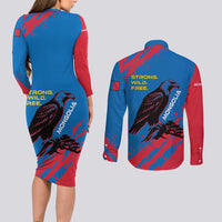 Mongolia Couples Matching Long Sleeve Bodycon Dress and Long Sleeve Button Shirt with Eagle Strong Wild Free Red Blue Brush Spirit