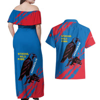 Mongolia Couples Matching Off Shoulder Maxi Dress and Hawaiian Shirt with Eagle Strong Wild Free Red Blue Brush Spirit
