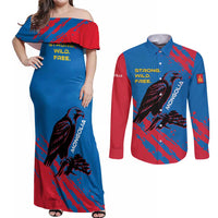 Mongolia Couples Matching Off Shoulder Maxi Dress and Long Sleeve Button Shirt with Eagle Strong Wild Free Red Blue Brush Spirit
