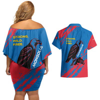 Mongolia Couples Matching Off Shoulder Short Dress and Hawaiian Shirt with Eagle Strong Wild Free Red Blue Brush Spirit