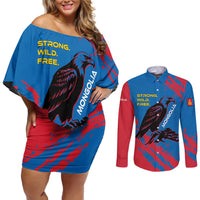 Mongolia Couples Matching Off Shoulder Short Dress and Long Sleeve Button Shirt with Eagle Strong Wild Free Red Blue Brush Spirit