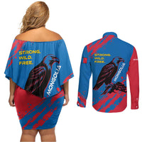 Mongolia Couples Matching Off Shoulder Short Dress and Long Sleeve Button Shirt with Eagle Strong Wild Free Red Blue Brush Spirit