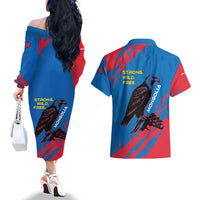 Mongolia Couples Matching Off The Shoulder Long Sleeve Dress and Hawaiian Shirt with Eagle Strong Wild Free Red Blue Brush Spirit
