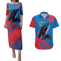 Mongolia Couples Matching Puletasi and Hawaiian Shirt with Eagle Strong Wild Free Red Blue Brush Spirit