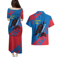 Mongolia Couples Matching Puletasi and Hawaiian Shirt with Eagle Strong Wild Free Red Blue Brush Spirit