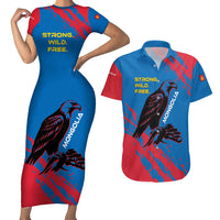 Mongolia Couples Matching Short Sleeve Bodycon Dress and Hawaiian Shirt with Eagle Strong Wild Free Red Blue Brush Spirit