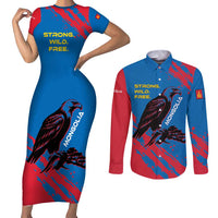 Mongolia Couples Matching Short Sleeve Bodycon Dress and Long Sleeve Button Shirt with Eagle Strong Wild Free Red Blue Brush Spirit