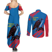 Mongolia Couples Matching Summer Maxi Dress and Long Sleeve Button Shirt with Eagle Strong Wild Free Red Blue Brush Spirit