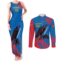 Mongolia Couples Matching Tank Maxi Dress and Long Sleeve Button Shirt with Eagle Strong Wild Free Red Blue Brush Spirit